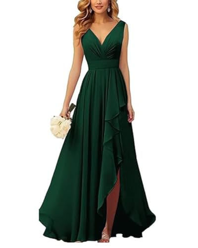 ORANDESIGNE Brautjungfernkleider Abschlusskleid Abendkleid Damen Lang Kleid für Hochzeit Als Gast Spaghettiträgern V-Ausschnitt Chiffon Ballkleider mit Schlitz A Dunkelgrün XXL von ORANDESIGNE
