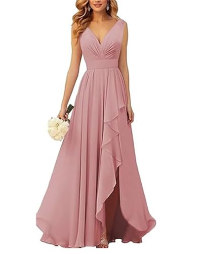 ORANDESIGNE Brautjungfernkleider Abschlusskleid Abendkleid Damen Lang Kleid für Hochzeit Als Gast Spaghettiträgern V-Ausschnitt Chiffon Ballkleider mit Schlitz A Dunkelrosa L von ORANDESIGNE
