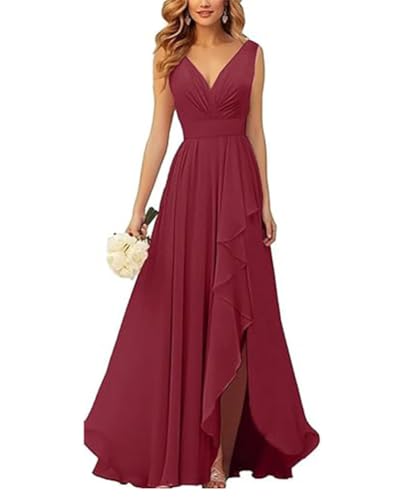 ORANDESIGNE Brautjungfernkleider Abschlusskleid Abendkleid Damen Lang Kleid für Hochzeit Als Gast Spaghettiträgern V-Ausschnitt Chiffon Ballkleider mit Schlitz A Dunkelrot XXL von ORANDESIGNE