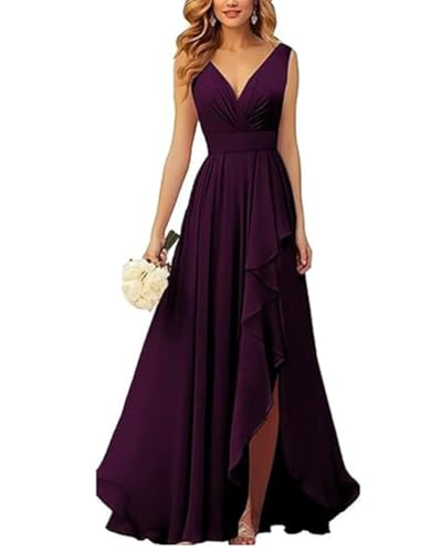 ORANDESIGNE Brautjungfernkleider Abschlusskleid Abendkleid Damen Lang Kleid für Hochzeit Als Gast Spaghettiträgern V-Ausschnitt Chiffon Ballkleider mit Schlitz A Dunkelviolett L von ORANDESIGNE