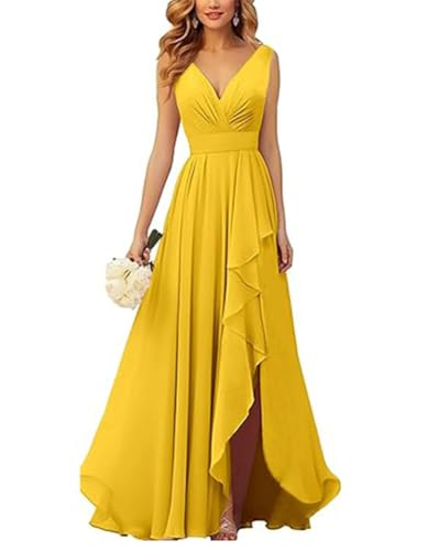 ORANDESIGNE Brautjungfernkleider Abschlusskleid Abendkleid Damen Lang Kleid für Hochzeit Als Gast Spaghettiträgern V-Ausschnitt Chiffon Ballkleider mit Schlitz A Gelb L von ORANDESIGNE