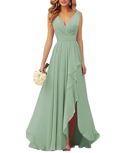 ORANDESIGNE Brautjungfernkleider Abschlusskleid Abendkleid Damen Lang Kleid für Hochzeit Als Gast Spaghettiträgern V-Ausschnitt Chiffon Ballkleider mit Schlitz A Grün 02 XS von ORANDESIGNE