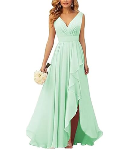 ORANDESIGNE Brautjungfernkleider Abschlusskleid Abendkleid Damen Lang Kleid für Hochzeit Als Gast Spaghettiträgern V-Ausschnitt Chiffon Ballkleider mit Schlitz A Grün XL von ORANDESIGNE