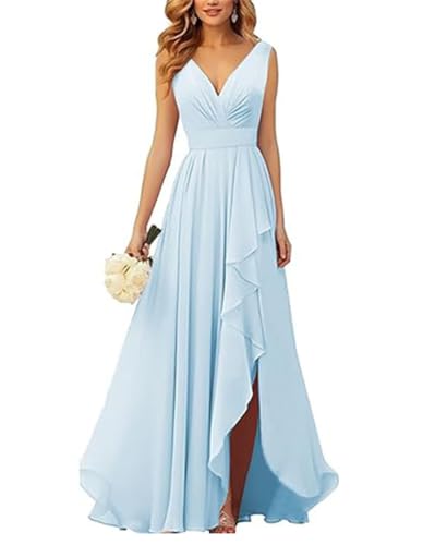 ORANDESIGNE Brautjungfernkleider Abschlusskleid Abendkleid Damen Lang Kleid für Hochzeit Als Gast Spaghettiträgern V-Ausschnitt Chiffon Ballkleider mit Schlitz A Hellblau M von ORANDESIGNE