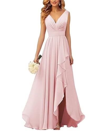 ORANDESIGNE Brautjungfernkleider Abschlusskleid Abendkleid Damen Lang Kleid für Hochzeit Als Gast Spaghettiträgern V-Ausschnitt Chiffon Ballkleider mit Schlitz A Hellrosa M von ORANDESIGNE