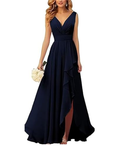 ORANDESIGNE Brautjungfernkleider Abschlusskleid Abendkleid Damen Lang Kleid für Hochzeit Als Gast Spaghettiträgern V-Ausschnitt Chiffon Ballkleider mit Schlitz A Marine S von ORANDESIGNE