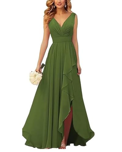 ORANDESIGNE Brautjungfernkleider Abschlusskleid Abendkleid Damen Lang Kleid für Hochzeit Als Gast Spaghettiträgern V-Ausschnitt Chiffon Ballkleider mit Schlitz A Olivgrün XL von ORANDESIGNE