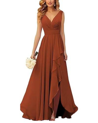ORANDESIGNE Brautjungfernkleider Abschlusskleid Abendkleid Damen Lang Kleid für Hochzeit Als Gast Spaghettiträgern V-Ausschnitt Chiffon Ballkleider mit Schlitz A Orange XL von ORANDESIGNE