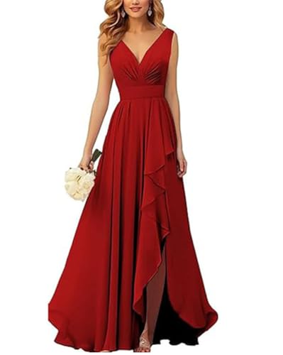 ORANDESIGNE Brautjungfernkleider Abschlusskleid Abendkleid Damen Lang Kleid für Hochzeit Als Gast Spaghettiträgern V-Ausschnitt Chiffon Ballkleider mit Schlitz A Rot XL von ORANDESIGNE