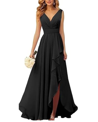 ORANDESIGNE Brautjungfernkleider Abschlusskleid Abendkleid Damen Lang Kleid für Hochzeit Als Gast Spaghettiträgern V-Ausschnitt Chiffon Ballkleider mit Schlitz A Schwarz S von ORANDESIGNE