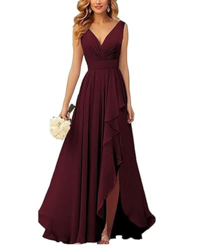 ORANDESIGNE Brautjungfernkleider Abschlusskleid Abendkleid Damen Lang Kleid für Hochzeit Als Gast Spaghettiträgern V-Ausschnitt Chiffon Ballkleider mit Schlitz A Weinrot L von ORANDESIGNE