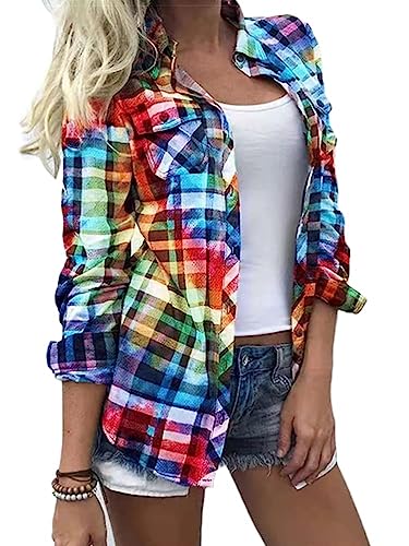ORANDESIGNE Bunt Kariertes Hemd Damen Langarmshirt Casual Plaid Shirt Hemden Boyfriend Retro Oberteile Kariertes Hemdjacke Holzfällerjacke Langarm Blusen mit Tasche und Knöpfen A Mehrfarbig L von ORANDESIGNE