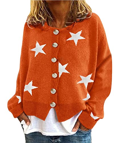 ORANDESIGNE C Orange Damen Strickjacke Gänseblümchen Druck Strickmantel V Ausschnitt Strickcardigan Langarm Lose mit Knopf Liebe Drucken Sterndruck Strick Cardigan L von ORANDESIGNE