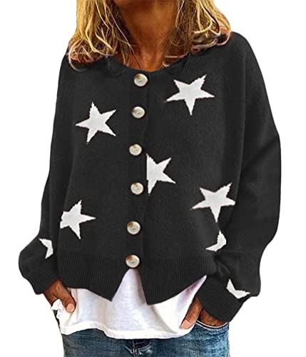 ORANDESIGNE C Schwarz Damen Strickjacke Gänseblümchen Druck Strickmantel V Ausschnitt Strickcardigan Langarm Lose mit Knopf Liebe Drucken Sterndruck Strick Cardigan S von ORANDESIGNE
