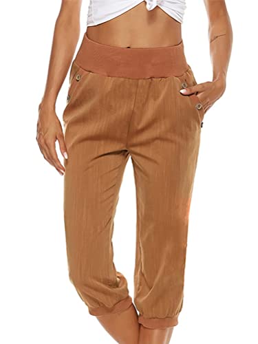 ORANDESIGNE Caprihose Damen Sommer 3/4 Jogginghose Damen Kurze Sommerhose Leichter Casual Lose Elastischen Kordelzug Hose mit Tashen Freizeithosen Sweathose C Braun L von ORANDESIGNE