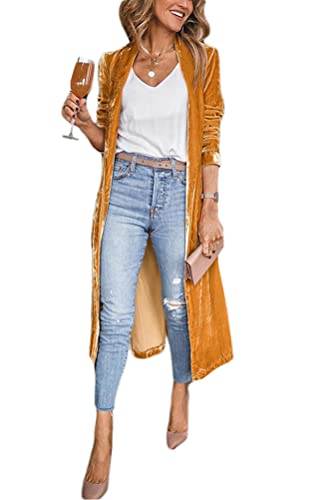 ORANDESIGNE Cardigan Damen Lang Festlich Samtjacke Langer Elegant Trenchcoat Mantel Klassisch Business Blazer Tailliert Winterjacke Warm Leicht Mantel Wasserfall Jacke Parka Dufflecoat Gelb S von ORANDESIGNE