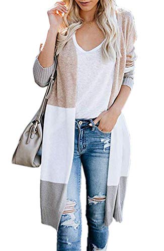 ORANDESIGNE Cardigan Damen Lang Strickmantel Mantel Stricken Strickjacke Strick Cardigan Rainbow Kontrastfarbe Langarm Gestreift Outwear Lose Casual Chic Coat B Khaki 38 von ORANDESIGNE