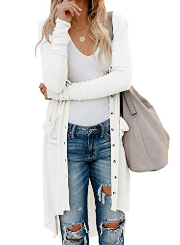 ORANDESIGNE Cardigan Jacke Damen Lange Leichte Strickjacke Pullover Lose Lang Mantel mit Tasche Tasten Asymmetrisch Wasserfall Outwear Herbst Langarm Coat A Beige 44 von ORANDESIGNE