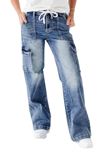 ORANDESIGNE Cargo Jeans Damen Weites Bein Denim Hose mit Kordelzug Mittelhohe Taille Lässig Straight Fit Cargo-Jeans A Dunkelblau XL von ORANDESIGNE