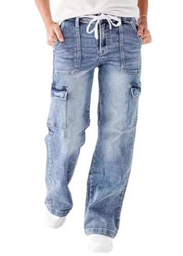 ORANDESIGNE Cargo Jeans Damen Weites Bein Denim Hose mit Kordelzug Mittelhohe Taille Lässig Straight Fit Cargo-Jeans A Hellblau L von ORANDESIGNE
