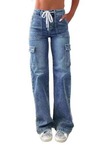ORANDESIGNE Cargo Jeans Damen Weites Bein Denim Hose mit Kordelzug Mittelhohe Taille Lässig Straight Fit Cargo-Jeans C Dunkelblau M ORANDESIGNE Cargo Jeans Damen Weites Bein Denim Hose mit Kordelzug Mittelhohe Taille Lässig Straight Fit Cargo-Jeans C Dunkelblau M von ORANDESIGNE