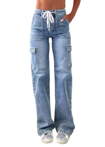 ORANDESIGNE Cargo Jeans Damen Weites Bein Denim Hose mit Kordelzug Mittelhohe Taille Lässig Straight Fit Cargo-Jeans C Hellblau M von ORANDESIGNE
