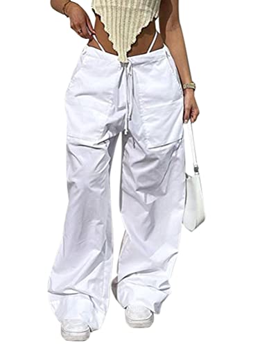 ORANDESIGNE Cargohose Damen Baggy Hose Y2K Track Pants Streetwear Elastische Taille Hose mit Taschen H Weiß M von ORANDESIGNE