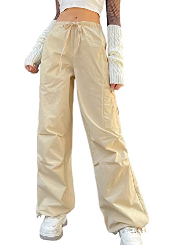 ORANDESIGNE Cargohose Damen Sommerhose Baggy Low Waist Cargo Pants Y2K Aestethic 90er E-Girl Streetwear Wide Leg Hip Hop Hose E Beige M von ORANDESIGNE