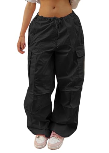 ORANDESIGNE Cargohose Damen Sommerhose Baggy Low Waist Cargo Pants Y2K Aestethic 90er E-Girl Streetwear Wide Leg Hip Hop Hose H Schwarz S von ORANDESIGNE
