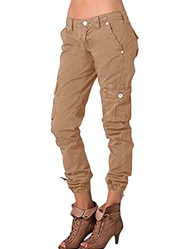 ORANDESIGNE Cargohose Damen Stretch Slim Fit Lang Hosen Elegant Sommer Bleistifthose Casual Carpi Chino Lässige Freizeithose mit Multi Taschen Bequeme Casual Sommerhose A Khaki L von ORANDESIGNE