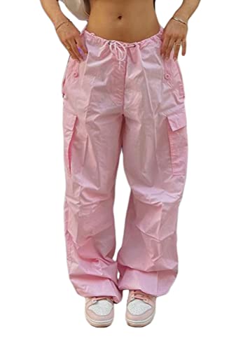 ORANDESIGNE Cargohose Damen Y2K Baggy High Waist Lang Hose Hippie Jogginghose Freizeithosemit Seitentaschen Harajuku Streetwear Sommer H Rosa M von ORANDESIGNE