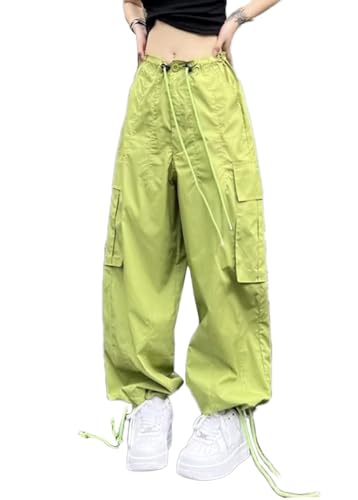 ORANDESIGNE Cargohose Damen Y2K Baggy High Waist Lang Hose Hippie Jogginghose Freizeithosemit Seitentaschen Harajuku Streetwear Sommer P Grün XS von ORANDESIGNE