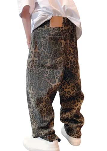 ORANDESIGNE Cargohose Herren Baggy Hose Y2K Track Pants Streetwear Elastische Taille Hose mit Taschen O Leopard M von ORANDESIGNE