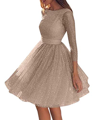 ORANDESIGNE Champagner Glitzer Mesh Plissee Rückenfreies Rundhals Langarm Midikleid Cocktailkleid Ballkleid L von ORANDESIGNE