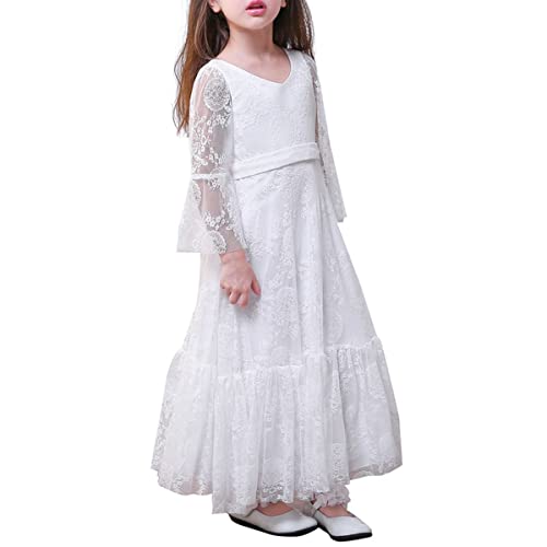 ORANDESIGNE Chic Lange Kinder Kommunionkleid Sommerkleider aus Besticktem Tüll mit Satin Gürtel Boho A-Linie Brautjungfern Kleider Blumenmädchenkleider für Mädchen C Weiß 150 von ORANDESIGNE