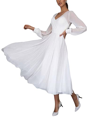 ORANDESIGNE Chiffonkleid Damen Festlich Midi Rückenfreies Ballkleid Abendkleid Elegant Langarm Brautkleid A Linie Satin Freizeitkleider Casual Kleider A Weiß 01 M von ORANDESIGNE