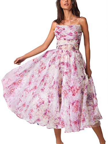 ORANDESIGNE Cocktailkleid Damen BlumenKleid Retro Rockabilly Midi Slip Kleider Faltenrock Abendkleider Schwingen Partykleider 50er Vintage Strapskleid A Rosa S von ORANDESIGNE
