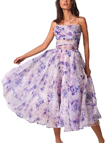 ORANDESIGNE Cocktailkleid Damen BlumenKleid Retro Rockabilly Midi Slip Kleider Faltenrock Abendkleider Schwingen Partykleider 50er Vintage Strapskleid A Violett XL von ORANDESIGNE