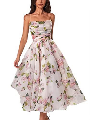 ORANDESIGNE Cocktailkleid Damen BlumenKleid Retro Rockabilly Midi Slip Kleider Faltenrock Abendkleider Schwingen Partykleider 50er Vintage Strapskleid A Weiß, XXL von ORANDESIGNE