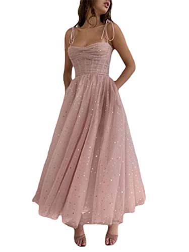 ORANDESIGNE Cocktailkleid Damen Rückenfreies Kleid Spaghettiträger Sommerkleid A-Linie Skaterkleid V-Ausschnitt Sexy Partykleid Ärmellos Kleider Freiizeitkleid Elegant Abendkleider Elegant C rosa S von ORANDESIGNE