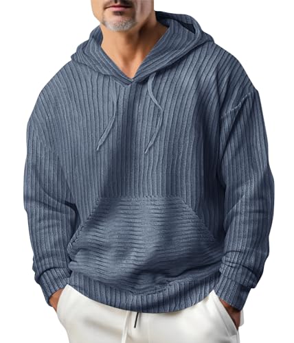 ORANDESIGNE Cord Hoodie Herren Patchwork Kapuzenpullover Warme Kordelzug Pullover Corduroy Sport Sweatshirt A Blau XL von ORANDESIGNE