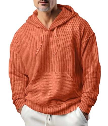 ORANDESIGNE Cord Hoodie Herren Patchwork Kapuzenpullover Warme Kordelzug Pullover Corduroy Sport Sweatshirt A Orange XL von ORANDESIGNE