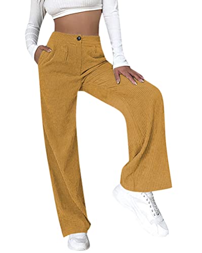 ORANDESIGNE Cordhose Damen Weites Bein Hohe Taille Gerade Freizeithose Teenager Straight Corduroy Trousers Lockere Vintage Einfarbig Slim Fit Hosen mit Taschen A Khaki S von ORANDESIGNE