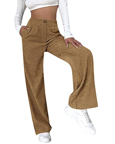 ORANDESIGNE Cordhose Damen Weites Bein Hohe Taille Gerade Freizeithose Teenager Straight Corduroy Trousers Lockere Vintage Einfarbig Slim Fit Hosen mit Taschen A braun S von ORANDESIGNE