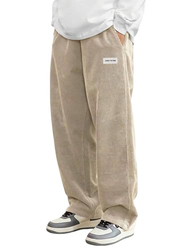 ORANDESIGNE Cordhose Herren Baggy Japanische Hose Herbst Winter Haremshose Casual Lockere Männer Cord Hose mit Kordelzug Elastischer Taille Geradem Bein A Aprikose XS von ORANDESIGNE