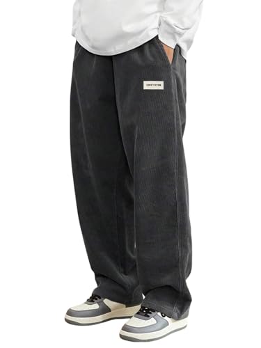 ORANDESIGNE Cordhose Herren Baggy Japanische Hose Herbst Winter Haremshose Casual Lockere Männer Cord Hose mit Kordelzug Elastischer Taille Geradem Bein A Dunkelgrau XS von ORANDESIGNE