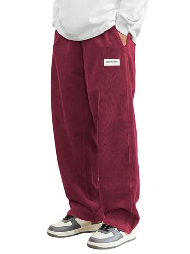 ORANDESIGNE Cordhose Herren Baggy Japanische Hose Herbst Winter Haremshose Casual Lockere Männer Cord Hose mit Kordelzug Elastischer Taille Geradem Bein A Weinrot M von ORANDESIGNE