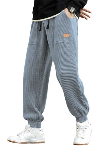 ORANDESIGNE Cordhose Herren Regular Fit Cord Hosen mit Elastischem Kordelzug Bund und Taschen Jogginghose Freizeithose Weite Lang Hose A Blau XL von ORANDESIGNE