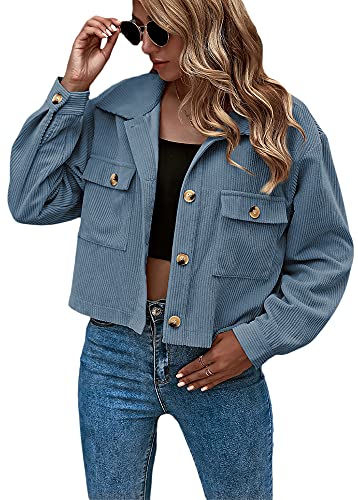 ORANDESIGNE Cordjacke Damen Leichte Cordhemd Jacke Corduroy Vintage Kurzjacke Lange Ärmel Outwear Winter Frühling Herbst mit Knöpfen Z1-Blau L von ORANDESIGNE