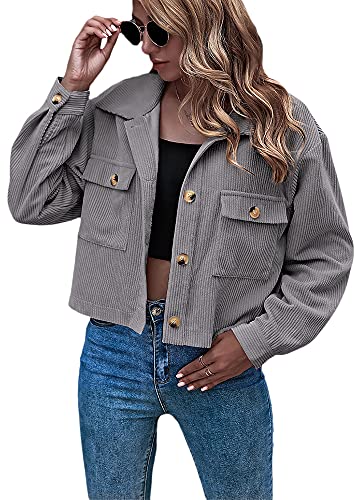 ORANDESIGNE Cordjacke Damen Leichte Cordhemd Jacke Corduroy Vintage Kurzjacke Lange Ärmel Outwear Winter Frühling Herbst mit Knöpfen Z1-Grau M von ORANDESIGNE